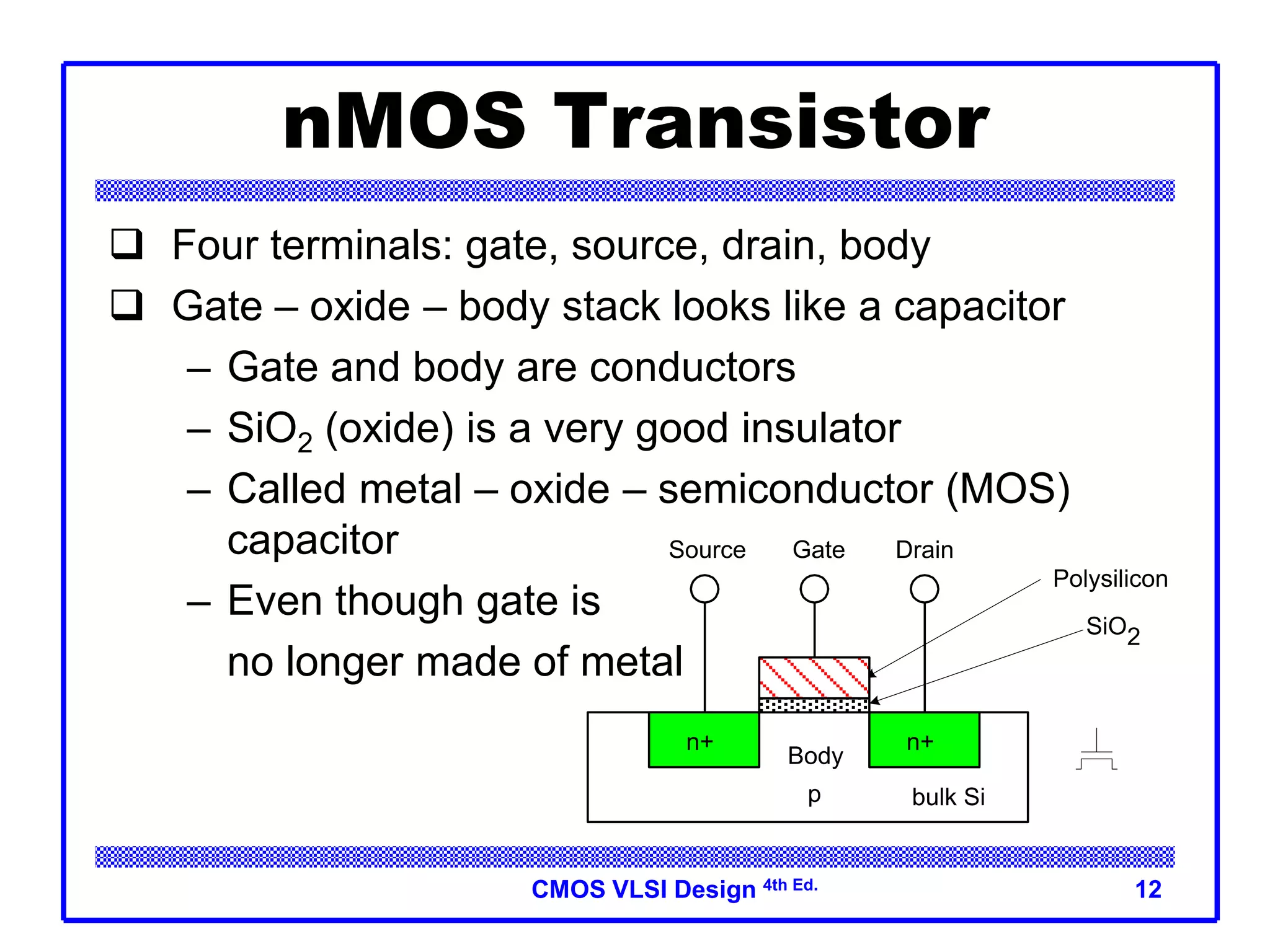 CMOS VLSI Design 4th Ed. 12
nMOS Transistor
 Four terminals: gate, source, drain, body
 Gate – oxide – body stack looks like a capacitor
– Gate and body are conductors
– SiO2 (oxide) is a very good insulator
– Called metal – oxide – semiconductor (MOS)
capacitor
– Even though gate is
no longer made of metal
n+
p
Gate
Source Drain
bulk Si
SiO2
Polysilicon
n+
Body
 