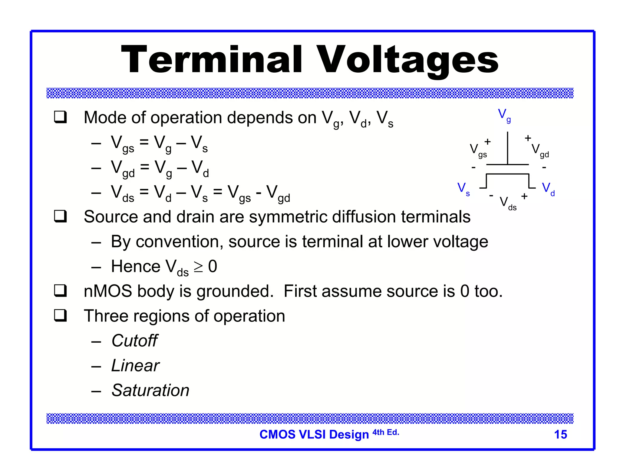 CMOS VLSI Design 4th Ed. 15
Terminal Voltages
 Mode of operation depends on Vg, Vd, Vs
– Vgs = Vg – Vs
– Vgd = Vg – Vd
– Vds = Vd – Vs = Vgs - Vgd
 Source and drain are symmetric diffusion terminals
– By convention, source is terminal at lower voltage
– Hence Vds  0
 nMOS body is grounded. First assume source is 0 too.
 Three regions of operation
– Cutoff
– Linear
– Saturation
Vg
Vs
Vd
Vgd
Vgs
Vds
+
-
+
-
+
-
 