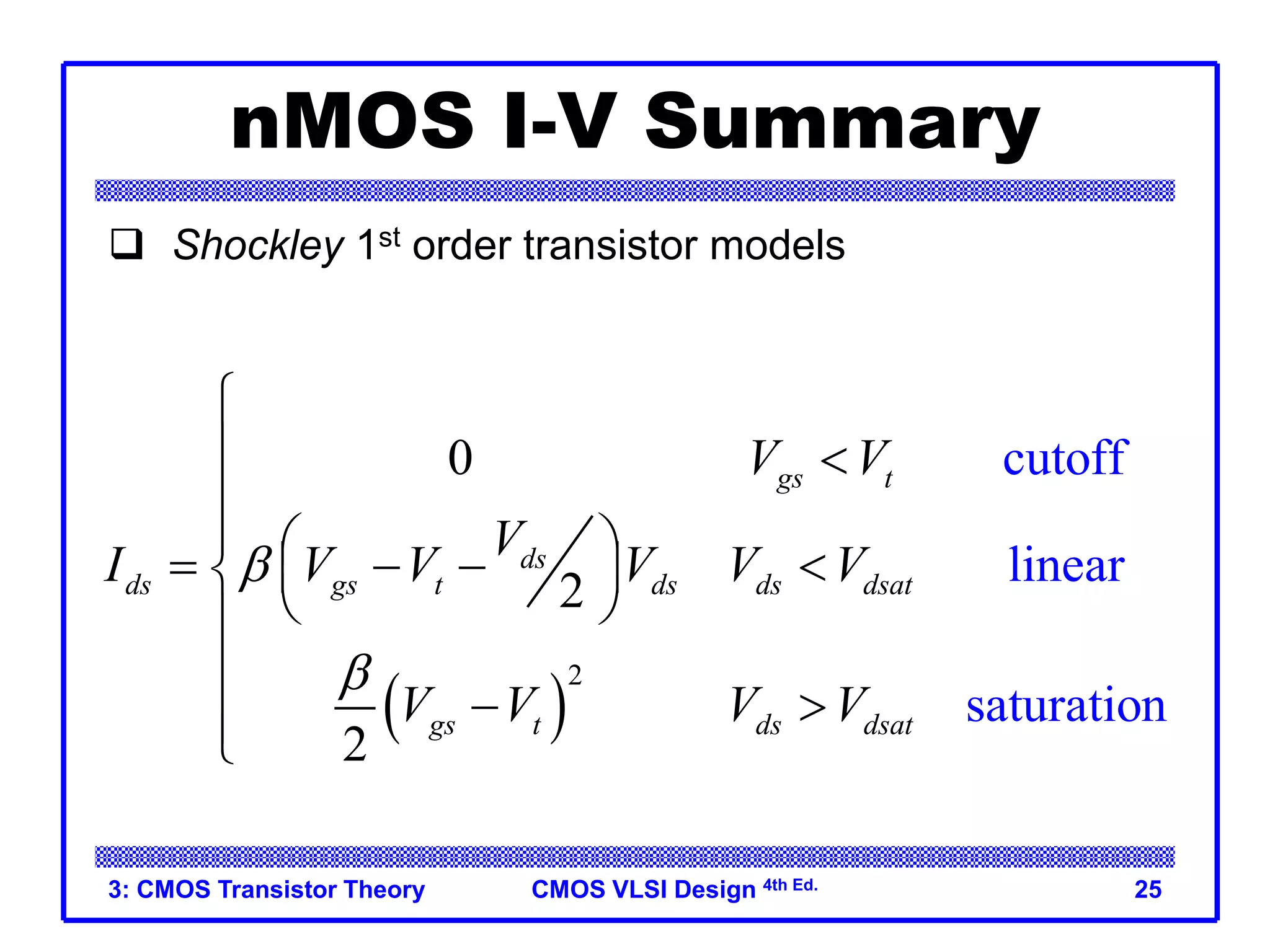 CMOS VLSI Design 4th Ed.
3: CMOS Transistor Theory 25
nMOS I-V Summary
 
2
cutoff
linear
saturatio
0
2
2
n
gs t
ds
ds gs t ds ds dsat
gs t ds dsat
V V
V
I V V V V V
V V V V



 

  
   
 

 


 


 Shockley 1st order transistor models
 