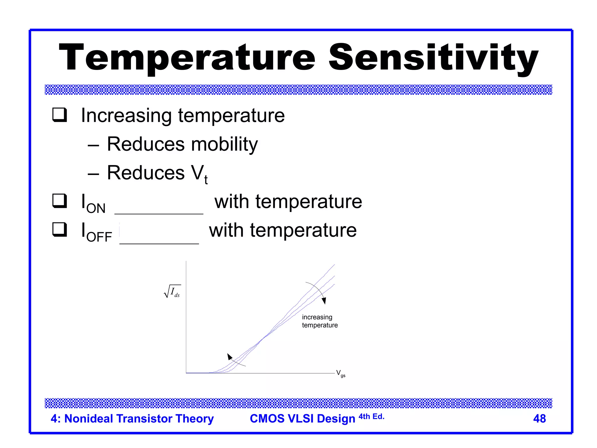 CMOS VLSI Design 4th Ed.
4: Nonideal Transistor Theory 48
Temperature Sensitivity
 Increasing temperature
– Reduces mobility
– Reduces Vt
 ION decreases with temperature
 IOFF increases with temperature
Vgs
ds
I
increasing
temperature
 