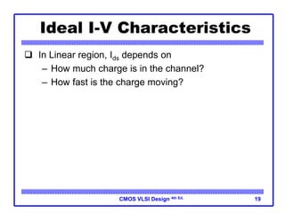 CMOS VLSI Design 4th Ed. 19
Ideal I-V Characteristics
 In Linear region, Ids depends on
– How much charge is in the channel?
– How fast is the charge moving?
 