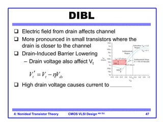 CMOS VLSI Design 4th Ed.
4: Nonideal Transistor Theory 47
DIBL
 Electric field from drain affects channel
 More pronounced in small transistors where the
drain is closer to the channel
 Drain-Induced Barrier Lowering
– Drain voltage also affect Vt
 High drain voltage causes current to increase.
ttdsVVV
t t ds
V V V

  
 