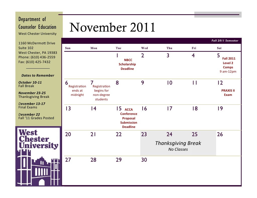 Fall Semester Calendar Counselor Ed Department