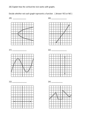 28) Explain how the vertical line test works with graphs.


Decide whether not each graph represents a function. ( Answer YES or NO )

29) _____________                               30) _______________




31) ______________                              32) _______________




33) ______________                              34) ___________
 