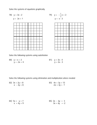 Solve the systems of equations graphically

                                                           1
78) y = 3x - 2                                   79)   y= −  x+2
                                                           2
    y = 2x + 1                                         y= x-3




Solve the following systems using substitution

80) y = x + 2                                    81)   y = 3x - 4
    y = -2x + 4                                        y = 2x - 3




Solve the following systems using elimination and multiplication where needed

82) 3x + 2y = 8                                  83) 4x + 3y = 13
     x - 2y = 8                                      -2x + 3y = 7




84) 5x + y = 7                                   85) 2x - 6y = 3
     x + 4y = 9                                      3x + 4y = -2
 