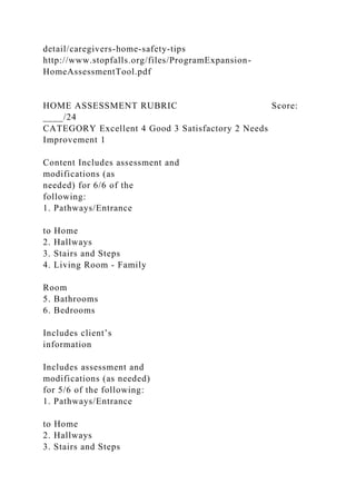 detail/caregivers-home-safety-tips
http://www.stopfalls.org/files/ProgramExpansion-
HomeAssessmentTool.pdf
HOME ASSESSMENT RUBRIC Score:
____/24
CATEGORY Excellent 4 Good 3 Satisfactory 2 Needs
Improvement 1
Content Includes assessment and
modifications (as
needed) for 6/6 of the
following:
1. Pathways/Entrance
to Home
2. Hallways
3. Stairs and Steps
4. Living Room - Family
Room
5. Bathrooms
6. Bedrooms
Includes client’s
information
Includes assessment and
modifications (as needed)
for 5/6 of the following:
1. Pathways/Entrance
to Home
2. Hallways
3. Stairs and Steps
 
