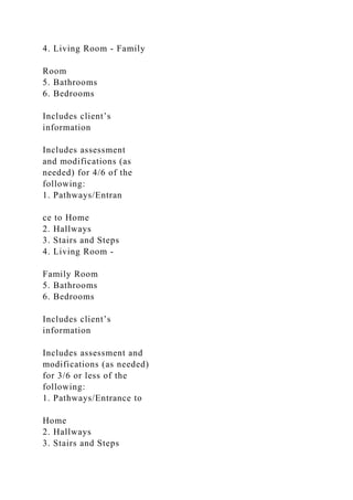 4. Living Room - Family
Room
5. Bathrooms
6. Bedrooms
Includes client’s
information
Includes assessment
and modifications (as
needed) for 4/6 of the
following:
1. Pathways/Entran
ce to Home
2. Hallways
3. Stairs and Steps
4. Living Room -
Family Room
5. Bathrooms
6. Bedrooms
Includes client’s
information
Includes assessment and
modifications (as needed)
for 3/6 or less of the
following:
1. Pathways/Entrance to
Home
2. Hallways
3. Stairs and Steps
 