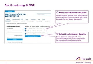 Die Umsetzung @ NOZ
11
 Klare Vorteilskommunikation:
Die wichtigsten Vorteile einer Registrierung
werden aufgegriffen und übersichtlich und
kompakt für den Nutzer dargestellt.
 Sofort im sichtbaren Bereich:
Beide Optionen befinden sich nun
gleichberechtigt und prominent platziert
im sofort sichtbaren Seitenbereich.
 