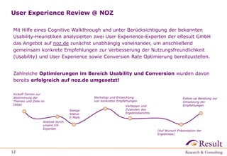 User Experience Review @ NOZ
Mit Hilfe eines Cognitive Walkthrough und unter Berücksichtigung der bekannten
Usability-Heuristiken analysierten zwei User Experience-Experten der eResult GmbH
das Angebot auf noz.de zunächst unabhängig voneinander, um anschließend
gemeinsam konkrete Empfehlungen zur Verbesserung der Nutzungsfreundlichkeit
(Usability) und User Experience sowie Conversion Rate Optimierung bereitzustellen.
Zahlreiche Optimierungen im Bereich Usability und Conversion wurden davon
bereits erfolgreich auf noz.de umgesetzt!
12
Kickoff-Termin zur
Abstimmung der
Themen und Ziele im
Detail
Analyse durch
unsere UX-
Experten
Stetige
Status-
E-Mails
Verfassen und
Zusenden des
Ergebnisberichts
Workshop und Entwicklung
von konkreten Empfehlungen
(Auf Wunsch Präsentation der
Ergebnisse)
Follow-up Beratung zur
Umsetzung der
Empfehlungen
 