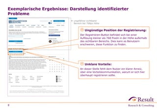 Exemplarische Ergebnisse: Darstellung identifizierter
Probleme
8
 Ungünstige Position der Registrierung:
Der Registrieren-Button befindet sich bei einer
Auflösung kleiner als 768 Pixeln in der Höhe außerhalb
des sichtbaren Bereichs. Dies kann es Benutzern
erschweren, diese Funktion zu finden.
 ungefährer sichtbarer
Bereich bei 768px Höhe
 Unklare Vorteile:
An dieser Stelle fehlt dem Nutzer ein klarer Anreiz,
über eine Vorteilskommunikation, warum er sich hier
überhaupt registrieren sollte.
 