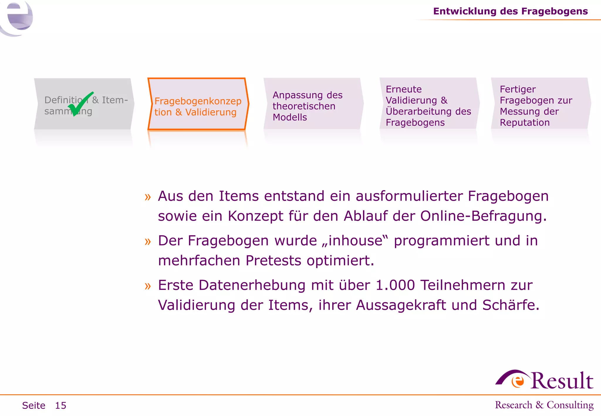 Entwicklung des Fragebogens



Definition & Itemsammlung

Fragebogenkonzep
tion & Validierung

Anpassung des
theoretischen
Modells

Erneute
Validierung &
Überarbeitung des
Fragebogens

Fertiger
Fragebogen zur
Messung der
Reputation

» Aus den Items entstand ein ausformulierter Fragebogen
sowie ein Konzept für den Ablauf der Online-Befragung.
» Der Fragebogen wurde „inhouse“ programmiert und in
mehrfachen Pretests optimiert.
» Erste Datenerhebung mit über 1.000 Teilnehmern zur
Validierung der Items, ihrer Aussagekraft und Schärfe.

Seite 15

 