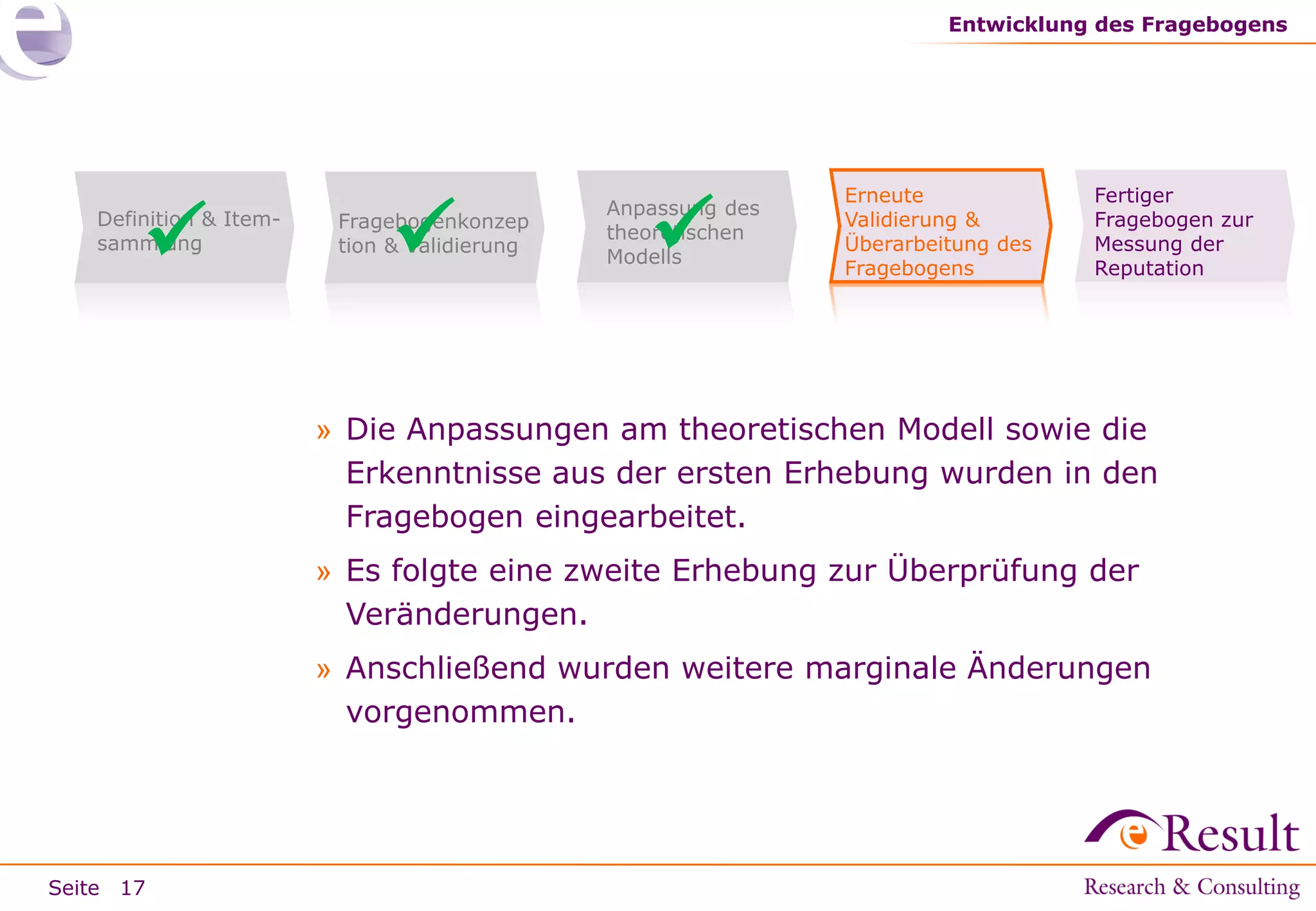 Entwicklung des Fragebogens



Definition & Itemsammlung



Fragebogenkonzep
tion & Validierung



Anpassung des
theoretischen
Modells

Erneute
Validierung &
Überarbeitung des
Fragebogens

Fertiger
Fragebogen zur
Messung der
Reputation

» Die Anpassungen am theoretischen Modell sowie die
Erkenntnisse aus der ersten Erhebung wurden in den
Fragebogen eingearbeitet.
» Es folgte eine zweite Erhebung zur Überprüfung der
Veränderungen.

» Anschließend wurden weitere marginale Änderungen
vorgenommen.

Seite 17

 
