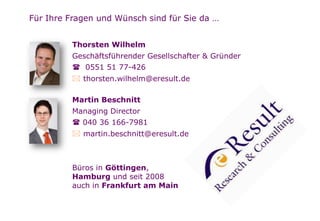 Für Ihre Fragen und Wünsch sind für Sie da …
Thorsten Wilhelm
Geschäftsführender Gesellschafter & Gründer
 0551 51 77-426
 thorsten.wilhelm@eresult.de
Martin Beschnitt
Managing Director
 040 36 166-7981
 martin.beschnitt@eresult.de

Büros in Göttingen,
Hamburg und seit 2008
auch in Frankfurt am Main

Seite

 