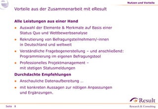 Nutzen und Vorteile

Vorteile aus der Zusammenarbeit mit eResult
Alle Leistungen aus einer Hand
● Auswahl der Elemente & Merkmale auf Basis einer
Status Quo und Wettbewerbsanalyse
● Rekrutierung von Befragungsteilnehmern/-innen
in Deutschland und weltweit
● Verständliche Fragebogenerstellung – und anschließend:
Programmierung im eigenen Befragungstool
● Professionelles Projektmanagement –
mit stetigen Statusmeldungen
Durchdachte Empfehlungen
● Anschauliche Datenaufbereitung …
● mit konkreten Aussagen zur nötigen Anpassungen
und Ergänzungen.

Seite 8

 
