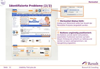 Merkzettel

Identifizierte Probleme (2/2)

 Merkzettel-Status fehlt:

Analog zum Warenkorb sollte hier Anzahl der
Merkzettel-Produkte dargestellt werden.

 Buttons ungünstig positioniert:

Die Buttons und die damit verbundenen,
essentiellen Funktionen kommen auf dem
blauen Hintergrund schlecht zur Geltung und
werden so kaum wahrgenommen / als
dazugehörig angesehen.

Seite 11

Usability-Test plus.de

 