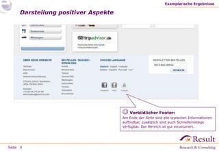 Seite
Darstellung positiver Aspekte
Exemplarische Ergebnisse
5
 Vorbildlicher Footer:
Am Ende der Seite sind alle typischen Informationen
auffindbar, zusätzlich sind auch Schnelleinstiege
verfügbar. Der Bereich ist gut strukturiert.
 