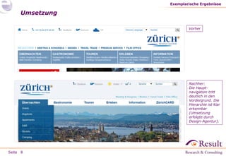 Seite
Umsetzung
Exemplarische Ergebnisse
8
Vorher
Nachher:
Die Haupt-
navigation tritt
deutlich in den
Vordergrund. Die
Hierarchie ist klar
erkennbar
(Umsetzung
erfolgte durch
Design-Agentur).
 