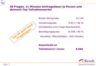 Seite 
36 Fragen, 11 Minuten Umfragedauer je Person und 
dennoch Top Teilnahmewerte! 
9 
– Brutto-Stichprobe: 14.144 
– Teilnahmequote: 9.617 / 68 % 
(mindestens eine Frage beantwortet) 
– Beendigungsquote: 8.558 / 89 % 
Korrektur (Plausibilitäts-, Zeit-Checks) 
– Gesamtzahl an 
Teilnehmern/-innen: 8.060 
 