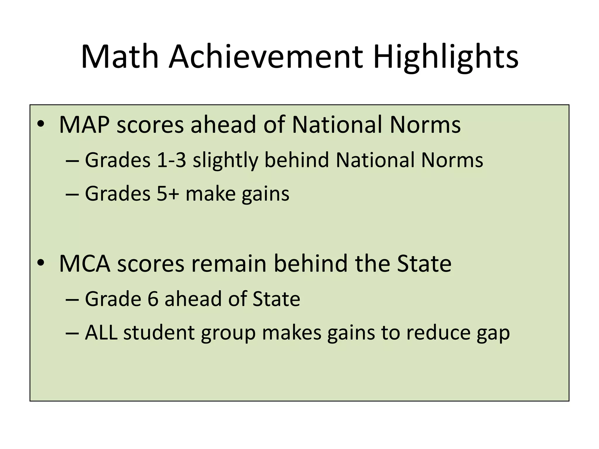 System of Intervention and Enrichment:
        2012-2013 Areas of Concentration
• Refine role of K-6 math & reading interventionists
• Clarify role of interventionists & classroom teachers, ESL, SPED
• Identify research-based Tier 3 instructional interventions (K-6)
• Support implementation of co-teaching
• Provide professional development to refine approach to co-teaching
• Continue development of data protocols
• Develop proactive instructional interventions for Tier 1 and Tier 2
• Provide professional learning to support development of proactive
  instructional interventions
• Clarify role of 7-12 interventionists
• Complete comprehensive study of gifted and talented (enrichment)
• Clarify SAT/TAT (student assistance team or teacher assistance team)
  processes and procedures


                                                                    17
 