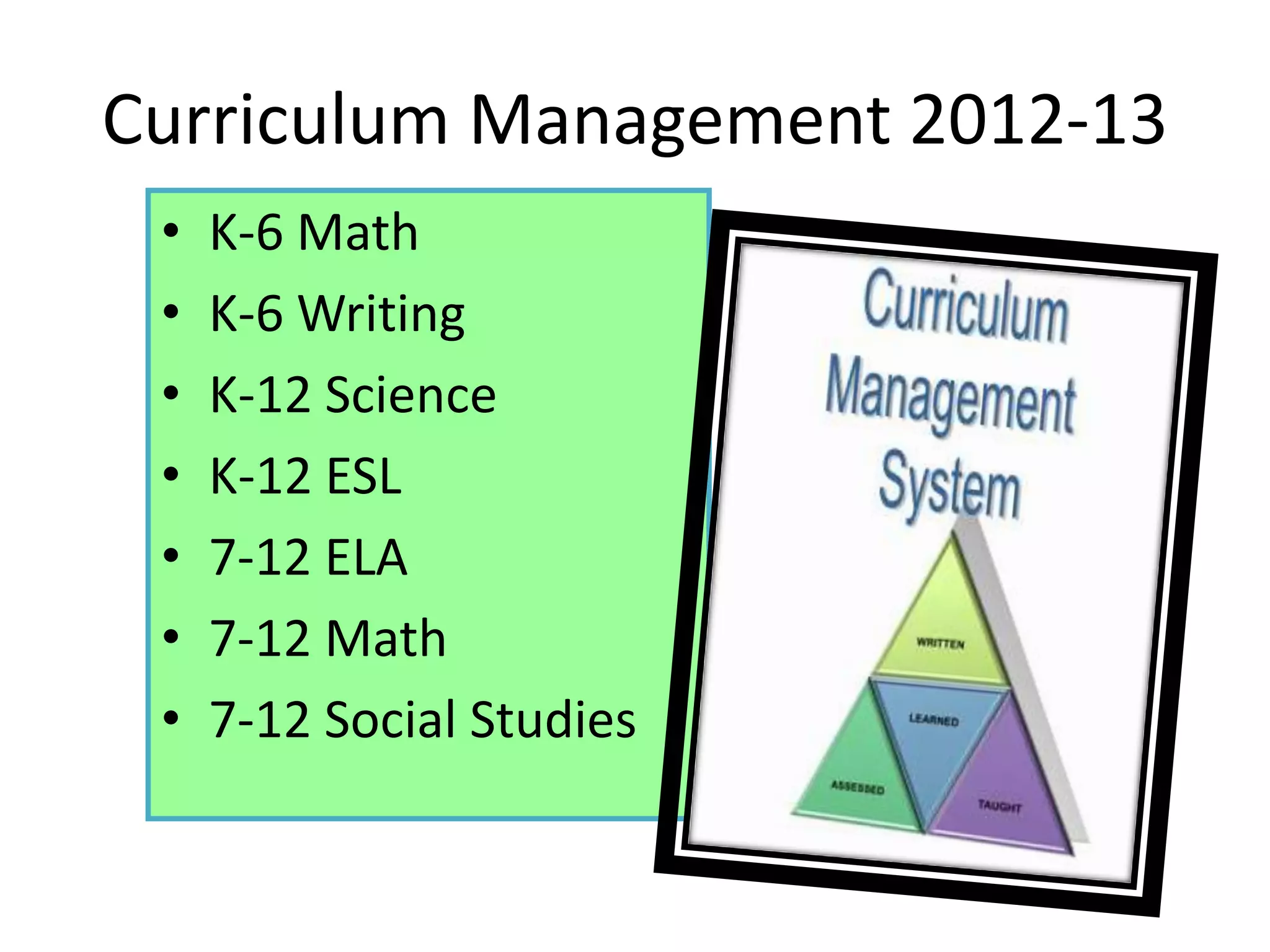 Curriculum Management 2012-13
 •   K-6 Math
 •   K-6 Writing
 •   K-12 Science
 •   K-12 ESL
 •   7-12 ELA
 •   7-12 Math
 •   7-12 Social Studies


                                9
 