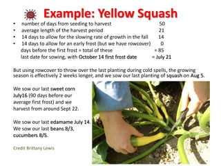 Example: Yellow Squash
• number of days from seeding to harvest 50
• average length of the harvest period 21
• 14 days to ...