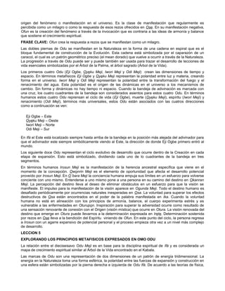 origen del fenómeno o manifestación en el universo. Es la clase de manifestación que regularmente es
percibida como un milagro o como la respuesta de esos rezos ofrecidos en Ose. En su manifestación negativa,
Ofun es la creación del fenómeno a través de la invocación que es contraria a las ideas de armonía y balance
que sostiene el crecimiento espiritual.
FRASE CLAVE: Ofun crea la respuesta a rezos que se manifiestan como un milagro.
Las dobles piernas de Odu se manifiestan en la Naturaleza en la forma de una cadena en espiral que es el
bloque fundamental de construcción de la Evolución. Esta cadena está simbolizada por el caparazón de un
caracol, el cual es un patrón geométrico preciso (el mean dorado) que vuelve a ocurrir a través de la Naturaleza.
La progresión a través de Odu puede ser y puede también ser usada para trazar el desarrollo de lecciones de
vida esenciales simbolizadas por el Árbol de la Palma, el árbol sagrado (Árbol de la Vida).
Los primeros cuatro Odu (Eji Ogbe, Oyeku Meji, Iwori Meji y Odi Meji) crean las dimensiones de tiempo y
espacio. En términos metafísicos Eji Ogbe y Oyeku Meji representan la polaridad entre luz y materia, creando
forma en el universo. Iwori Meji y Odi Meji representan la polaridad entre la transformación del fuego y el
renacimiento del agua. Esta polaridad es el origen de las dinámicas en el universo a los mecanismos de
cambio. Sin forma y dinámicas no hay tiempo ni espacio. Cuando la bandeja de adivinación es marcada con
una cruz, los cuatro cuadrantes de la bandeja son considerados asientos para estos cuatro Odu. En términos
humanos estos cuatro Odu reprensan el ciclo de vida (Eji Ogbe), muerte (Oyeku Meji), espíritu (Iwori Meji) y
renacimiento (Odi Meji), términos más universales, estos Odu están asociados con las cuatros direcciones
como a continuación se ven:
Eji Ogbe – Este
Oyeku Meji – Oeste
Iwori Meji – Norte
Odi Meji – Sur
En Ifá el Este está localizado siempre hasta arriba de la bandeja en la posición más alejada del adivinador para
que el adivinador este siempre simbólicamente viendo al Este, la dirección de donde Eji Ogbe primero entró al
mundo.
Los siguiente doce Odu representan el ciclo evolutivo de desarrollo que ocurre dentro de la Creación en cada
etapa de expansión. Esto está simbolizado, dividiendo cada uno de lo cuadrantes de la bandeja en tres
segmentos.
En términos humanos Irosun Meji es la manifestación de la herencia ancestral específica que viene en el
momento de la concepción. Owonrin Meji es el elemento de oportunidad que afecta el desarrollo potencial
proveído por Irosun Meji. En O´bara Meji la conciencia humana empuja sus límites en un esfuerzo para volverse
conciente con uno mismo. Entenderse a uno mismo pone a una persona en su camino del destino en Okanran
Meji. La percepción del destino lleva al deseo de eliminar obstáculos en un esfuerzo para que la visión se
manifieste. El impulso para la manifestación de la visión aparece en Ogunda Meji. Todo el destino humano es
desafiado periódicamente por ocurrencias naturales inesperadas en Osa. La voluntad para superar los efectos
destructivos de Osa están encontrados en el poder de la palabra manifestada en Ika. Cuando la voluntad
humana no está en alineación con los principios de armonía, balance, el cuerpo experimenta estrés y es
vulnerable a las enfermedades en Oturupon. Inspiración para superar la adversidad ocurre como resultado de
una sensación renovante de conexión con el Origen (visión mística) que ocurre en Otura. La visión renovada del
destino que emerge en Otura puede llevarnos a la determinación expresada en Irete. Determinación sostenida
por rezos en Ose lleva a la bendición del Espíritu viniendo de Ofun. En este punto del ciclo, la persona regresa
a Irosun con un agarre expansivo de potencial personal y el proceso empieza otra vez a un nivel más complejo
de desarrollo.
LECCION 5
EXPLORANDO LOS PRINCIPIOS METAFISICOS EXPRESADOS EN OMO ODU
La relación entre el dieciseisavo Odu Meji es en base para la disciplina espiritual de Ifá y es considerada un
mapa de crecimiento espiritual similar al Árbol de la Vida encontrado en el Kabala.
Las marcas de Odu son una representación de dos dimensiones de un patrón de energía tridimensional. La
energía en la Naturaleza toma una forma esférica, la polaridad entre las fuerzas de expansión y construcción en
una esfera están simbolizadas por la pierna derecha e izquierda de Odu Ifá. De acuerdo a las teorías de física,
 