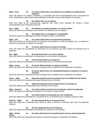 Ogbe – Iwori Ire: Un camino abierto lleva a la resolución de conflictos y transformación
espiritual.
(Este Odu habla de la virilidad y fertilidad y la necesidad para tomar responsabilidad para la concepción de
niños. Volviéndose un padre tiene responsabilidades inherentes, el punto esta saliendo a la ocasión).
Ibi: El conflicto lleva a la arrogancia.
(Este Odu habla de las consecuencias negativas que vienen como resultado del fracaso a tomar
responsabilidad para el desarrollo personal).
Iwori – Ogbe Ire: El conflicto es resuelto, llevando a un camino abierto.
(Este Odu habla de la necesidad de ser honesto en la resolución de una disputa).
Ibi: El conflicto lleva a la arrogancia e inestabilidad.
(Este Odu habla de la posibilidad de conflicto, llevando a estrés y enfermedad).
Ogbe – Odi Ire: Un camino abierto lleva al renacimiento productivo.
(Este Odu habla de la transformación de la pobreza en abundancia a través del trabajo duro y el optimismo,
llevando al incremento en amigos y comunidad).
Ibi: El camino abierto lleva al cambio sin sentido.
(Este Odu habla de la posibilidad de interrupción de los extraños que están celosos del potencial para el
progreso).
Odi – Ogbe Ire: El renacimiento lleva a un camino abierto.
(Este Odu habla de la posibilidad de sobreponerse a una amenaza de enemigos).
Ibi: El renacimiento lleva a la arrogancia.
(Este Odu habla de la posibilidad de una enfermedad seria si una amenaza es ignorada).
Ogbe – Irosun Ire: El camino abierto basado en soporte ancestral.
(Este Odu habla de la necesidad de hacer el progreso lento y estable hacia la satisfacción del destino).
Ibi: El camino abierto lleva a la inestabilidad basada en resistencia al soporte
ancestral.
(Este Odu habla de la necesidad de hacer el progreso lento y estable hacia la satisfacción del destino).
Irosun – Ogbe Ire: Siguiendo la guianza de los ancestros lleva a la satisfacción del destino
(Este Odu habla de la necesidad para seguir tabú personal y de familia).
Ibi: Siguiendo la guianza de los ancestros lleva a la arrogancia.
(Este Odu habla de las consecuencias para el fracaso a honrar tabú).
Ogbe – Owonrin Ire: Un camino abierto encentra caos inesperado, espera lo inesperado.
(Este Odu habla de la posibilidad de regresar la mala suerte en buena suerte).
Ibi: Un camino abierto es bloqueado por caos inesperado.
(Este Odu habla de la posibilidad de un accidente serio y la necesidad de ser cauteloso cuando se viaja).
Owonrin – Ogbe Ire: El caos inesperado lleva a la buena fortuna.
(Este Odu habla de la necesidad para calmar la mente y eliminar la confusión para crear circunstancias
mejores).
Ibi: El caos inesperado lleva a la arrogancia.
(Este Odu habla de la posibilidad de accidentes si la confusión no es resuelta).
Ogbe – O’bara Ire: El camino abierto lleva a la transformación misma y al descubrimiento
mismo.
(Este Odu habla de la necesidad para mejorar la salud para asegurar la satisfacción del destino).
 