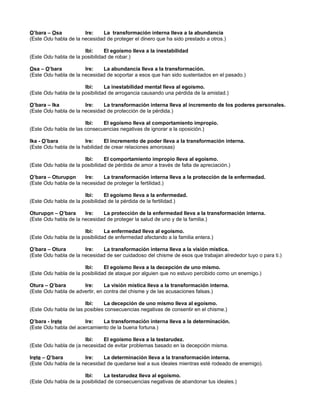 O’bara – Osa Ire: La transformación interna lleva a la abundancia
(Este Odu habla de la necesidad de proteger el dinero que ha sido prestado a otros.)
Ibi: El egoísmo lleva a la inestabilidad
(Este Odu habla de la posibilidad de robar.)
Osa – O’bara Ire: La abundancia lleva a la transformación.
(Este Odu habla de la necesidad de soportar a esos que han sido sustentados en el pasado.)
Ibi: La inestabilidad mental lleva al egoísmo.
(Este Odu habla de la posibilidad de arrogancia causando una pérdida de la amistad.)
O’bara – Ika Ire: La transformación interna lleva al incremento de los poderes personales.
(Este Odu habla de la necesidad de protección de la pérdida.)
Ibi: El egoísmo lleva al comportamiento impropio.
(Este Odu habla de las consecuencias negativas de ignorar a la oposición.)
Ika - O’bara Ire: El incremento de poder lleva a la transformación interna.
(Este Odu habla de la habilidad de crear relaciones amorosas)
Ibi: El comportamiento impropio lleva al egoísmo.
(Este Odu habla de la posibilidad de pérdida de amor a través de falta de apreciación.)
O’bara – Oturupon Ire: La transformación interna lleva a la protección de la enfermedad.
(Este Odu habla de la necesidad de proteger la fertilidad.)
Ibi: El egoísmo lleva a la enfermedad.
(Este Odu habla de la posibilidad de la pérdida de la fertilidad.)
Oturupon – O’bara Ire: La protección de la enfermedad lleva a la transformación interna.
(Este Odu habla de la necesidad de proteger la salud de uno y de la familia.)
Ibi: La enfermedad lleva al egoísmo.
(Este Odu habla de la posibilidad de enfermedad afectando a la familia entera.)
O’bara – Otura Ire: La transformación interna lleva a la visión mística.
(Este Odu habla de la necesidad de ser cuidadoso del chisme de esos que trabajan alrededor tuyo o para ti.)
Ibi: El egoísmo lleva a la decepción de uno mismo.
(Este Odu habla de la posibilidad de ataque por alguien que no estuvo percibido como un enemigo.)
Otura – O’bara Ire: La visión mística lleva a la transformación interna.
(Este Odu habla de advertir, en contra del chisme y de las acusaciones falsas.)
Ibi: La decepción de uno mismo lleva al egoísmo.
(Este Odu habla de las posibles consecuencias negativas de consentir en el chisme.)
O’bara - Irete Ire: La transformación interna lleva a la determinación.
(Este Odu habla del acercamiento de la buena fortuna.)
Ibi: El egoísmo lleva a la testarudez.
(Este Odu habla de (a necesidad de evitar problemas basado en la decepción misma.
Irete – O’bara Ire: La determinación lleva a la transformación interna.
(Este Odu habla de la necesidad de quedarse leal a sus ideales mientras esté rodeado de enemigo).
Ibi: La testarudez lleva al egoísmo.
(Este Odu habla de la posibilidad de consecuencias negativas de abandonar tus ideales.)
 