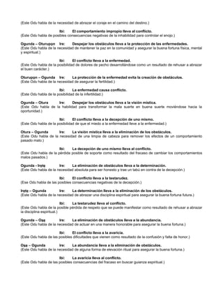 (Este Odu habla de la necesidad de abrazar el coraje en el camino del destino.)
Ibi: El comportamiento impropio lleva al conflicto.
(Este Odu habla de posibles consecuencias negativas de la inhabilidad para controlar el enojo.)
Ogunda – Oturupon Ire: Despejar los obstáculos lleva a la protección de las enfermedades.
(Este Odu habla de la necesidad de mantener la paz en la comunidad y asegurar la buena fortuna física, mental
y espiritual.)
Ibi: El conflicto lleva a la enfermedad.
(Este Odu habla de la posibilidad de dolores de pecho desarrollándose como un resultado de rehusar a abrazar
el buen carácter.)
Oturupon – Ogunda Ire: La protección de la enfermedad evita la creación de obstáculos.
(Este Odu habla de la necesidad de asegurar la fertilidad.)
Ibi: La enfermedad causa conflicto.
(Este Odu habla de la posibilidad de la infertilidad.)
Ogunda – Otura Ire: Despejar los obstáculos lleva a la visión mística.
(Este Odu habla de la habilidad para transformar la mala suerte en buena suerte moviéndose hacia la
oportunidad.)
Ibi: El conflicto lleva a la decepción de uno mismo.
(Este Odu habla de la posibilidad de que el miedo a la enfermedad lleve a la enfermedad.)
Otura – Ogunda Ire: La visión mística lleva a la eliminación de los obstáculos.
(Este Odu habla de la necesidad de una limpia de cabeza para remover los efectos de un comportamiento
pasado malo.)
Ibi: La decepción de uno mismo lleva al conflicto.
(Este Odu habla de la pérdida posible de soporte como resultado del fracaso de cambiar los comportamientos
malos pasados.)
Ogunda - Irete Ire: La eliminación de obstáculos lleva a la determinación.
(Este Odu habla de la necesidad absoluta para ser honesto y trae un tabú en contra de la decepción.)
Ibi: El conflicto lleva a la testarudez.
(Ese Odu habla de las posibles consecuencias negativas de la decepción.)
Irete – Ogunda Ire: La determinación lleva a la eliminación de los obstáculos.
(Este Odu habla de la necesidad de abrazar una disciplina espiritual para asegurar la buena fortuna futura.)
Ibi: La testarudez lleva al conflicto.
(Este Odu habla de la posible pérdida de respeto que se puede manifestar como resultado de rehusar a abrazar
ia disciplina espiritual.)
Ogunda – Ose Ire: La eliminación de obstáculos lleva a la abundancia.
(Este Odu habla de la necesidad de actuar en una manera honorable para asegurar la buena fortuna.)
Ibi: El conflicto lleva a la avaricia.
(Este Odu habla de las posibles dificultades que vienen como resultado de la confusión y falta de honor.)
Ose – Ogunda Ire: La abundancia lleva a la eliminación de obstáculos.
(Este Odu habla de la necesidad de alguna forma de elevación ritual para asegurar la buena fortuna.)
Ibi: La avaricia lleva al conflicto.
(Este Odu habla de las posibles consecuencias del fracaso en buscar guianza espiritual.)
 
