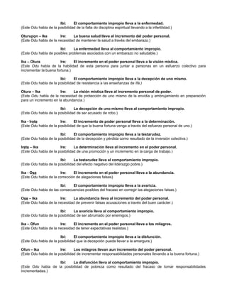 Ibi: El comportamiento impropio lleva a la enfermedad.
(Este Odu habla de la posibilidad de la falta do disciplina espiritual llevando a la infertilidad.)
Oturupon – Ika Ire: La buena salud lleva al incremento del poder personal.
(Este Odu habla de la necesidad de mantener la salud a través del embarazo.)
Ibi: La enfermedad lleva al comportamiento impropio.
(Este Odu habla de posibles problemas asociados con un embarazo no saludable.)
Ika – Otura Ire: El incremento en el poder personal lleva a la visión mística.
(Este Odu habla de la habilidad de esta persona para juntar a personas en un esfuerzo colectivo para
incrementar la buena fortuna.)
Ibi: El comportamiento impropio lleva a la decepción de uno mismo.
(Este Odu habla de la posibilidad de resistencia a las enseñanzas de Ifá.)
Otura – Ika Ire: La visión mística lleva al incremento personal de poder.
(Este Odu habla de la necesidad de protección de uno mismo de la envidia y embrujamiento en preparación
para un incremento en la abundancia.)
Ibi: La decepción de uno mismo lleva al comportamiento impropio.
(Este Odu habla de la posibilidad de ser acusado de robo.)
Ika - Irete Ire: El incremento de poder personal lleva a la determinación.
(Este Odu habla de la posibilidad de que la buena fortuna venga a través del esfuerzo personal de uno.)
Ibi: El comportamiento impropio Ileva a la testarudez.
(Este Odu habla de la posibilidad de la decepción y pérdida como resultado de la inversión colectiva.)
Irete – Ika Ire: La determinación lleva al incremento en el poder personal.
(Este Odu habla de la posibilidad de una promoción y un incremento en la carga de trabajo.)
Ibi: La testarudez lleva al comportamiento impropio.
(Este Odu habla de la posibilidad del efecto negativo del liderazgo pobre.)
Ika - Ose Ire: El incremento en el poder personal lleva a la abundancia.
(Este Odu habla de la corrección de alegaciones falsas)
Ibi: El comportamiento impropio lleva a la avaricia.
(Este Odu habla de las consecuencias posibles del fracaso en corregir las alegaciones falsas.)
Ose – lka Ire: La abundancia lleva al incremento del poder personal.
(Este Odu habla de la necesidad de prevenir falsas acusaciones a través del buen carácter.)
Ibi: La avaricia lleva al comportamiento impropio.
(Este Odu habla de la posibilidad de ser abrumado por enemigos.)
lka – Ofun Ire: El incremento en el poder personal lleva a los milagros.
(Este Odu habla de la necesidad de tener expectativas realistas.)
Ibi: El comportamiento impropio lleva a la disfuncíón.
(Este Odu habla de la posibilidad que la decepción pueda llevar a la amargura.)
Ofun – lka Ire: Los milagros llevan aun incremento del poder personal.
(Este Odu habla de la posibilidad de incrementar responsabilidades personales llevando a la buena fortuna.)
Ibi: La disfunción lleva al comportamiento impropio.
(Este Odu habla de la posibilidad de pobreza como resultado del fracaso de tomar responsabilidades
incrementadas.)
 