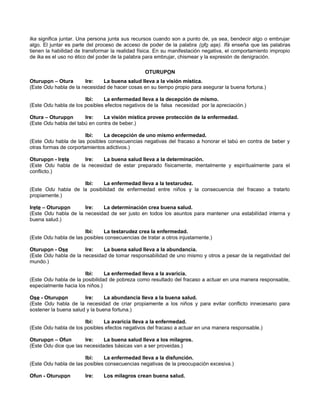 lka significa juntar. Una persona junta sus recursos cuando son a punto de, ya sea, bendecir algo o embrujar
algo. El juntar es parte del proceso de acceso de poder de la palabra (ofo ase). Ifá enseña que las palabras
tienen la habilidad de transformar la realidad física. En su manifestación negativa, el comportamiento impropio
de lka es el uso no ético del poder de la palabra para embrujar, chismear y la expresión de denigración.
OTURUPON
Oturupon – Otura Ire: La buena salud lleva a la visión mística.
(Este Odu habla de la necesidad de hacer cosas en su tiempo propio para asegurar la buena fortuna.)
Ibi: La enfermedad lleva a la decepción de mismo.
(Este Odu habla de los posibles efectos negativos de la falsa necesidad por la apreciación.)
Otura – Oturupon Ire: La visión mística provee protección de la enfermedad.
(Este Odu habla del tabú en contra de beber.)
Ibi: La decepción de uno mismo enfermedad.
(Este Odu habla de las posibles consecuencias negativas del fracaso a honorar el tabú en contra de beber y
otras formas de corportamientos adictivos.)
Oturupon - Irete Ire: La buena salud lleva a la determinación.
(Este Odu habla de la necesidad de estar preparado físicamente, mentalmente y espirítualmente para el
conflicto.)
Ibi: La enfermedad lleva a la testarudez.
(Este Odu habla de la posibilidad de enfermedad entre niños y la consecuencia del fracaso a tratarlo
propiamente.)
Irete – Oturupon Ire: La determinación crea buena salud.
(Este Odu habla de la necesidad de ser justo en todos los asuntos para mantener una estabilídad interna y
buena salud.)
Ibi: La testarudez crea la enfermedad.
(Este Odu habla de las posibles consecuencias de tratar a otros injustamente.)
Oturupon - Ose Ire: La buena salud lleva a la abundancia.
(Este Odu habla de la necesidad de tomar responsabilidad de uno mismo y otros a pesar de la negatividad del
mundo.)
Ibi: La enfermedad lleva a la avaricia.
(Este Odu habla de la posibilidad de pobreza como resultado del fracaso a actuar en una manera responsable,
especialmente hacia los niños.)
Ose - Oturupon Ire: La abundancia lleva a la buena salud.
(Este Odu habla de la necesidad de criar propiamente a los niños y para evitar conflicto innecesario para
sostener la buena salud y la buena fortuna.)
Ibi: La avaricia lleva a la enfermedad.
(Este Odu habla de los posibles efectos negativos del fracaso a actuar en una manera responsable.)
Oturupon – Ofun Ire: La buena salud lleva a los milagros.
(Este Odu dice que las necesidades básicas van a ser proveidas.)
Ibi: La enfermedad lleva a la disfunción.
(Este Odu habla de las posibles consecuencias negativas de la preocupación excesiva.)
Ofun - Oturupon Ire: Los milagros crean buena salud.
 