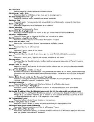 Ìbà Atíwò Òrun.
Respeto todas las cosas que viven en el Reino Invisible.
Ìbà Olókun à – sòrò – dayò.
Respeto al Espíritu del Océano, el que hace que las cosas prosperen.
Ìbà aféfé légélégé awo ìsálú – ayé.
Respeto el poder del viento, el Misterio del Mundo Misterioso.
Ìbà Ògègè, Oba.
Respeto la Madre Tierra que sostiene la alineación Universal de todas las cosas en la Naturaleza.
Ìbà títí aiyé ló gbèré.
Respeto la perpetuidad del Mundo dentro de la Eternidad.
Ìbà Oba awon Oba
Respeto el Rey de todos los Reyes
Ìbà Òkítí-bìrí, Oba ti np’òjó ikú dà.
Respeto al Preventor de los dias finales, el Rey que puede cambiar el tiempo de Muerte
Ìbà àté-ìká eni Olódùmaré.
Respeto la estera que no puede ser enrollada una vez que se ha puesto
Ìbà Òdému demu kete a lénu má fohun.
Respeto el poder que extrae la Bondad del Reino de los Invisibles.
Ìbà’se awon ikú emesé Òrun
Respeto los Espíritus de los Muertos, los mensajeros del Reino Invisible.
Ìbà Orí.
Respeto el Espíritu de la Conciencia.
Ìbà Orí inú.
Respeto al Espíritu Interno de uno mismo.
Ìbà Ìponrí ti ò wa’ l’Òrun.
Respeto el Espíritu más alto de uno mismo que vive en el Reino Invisible de los Ancestros.
Ìbà Kóri
Respeto al Creador de la Calabaza que contiene el interior de uno mismo.
Ìbà Ájala-Mòpin,
Respeto al Espíritu Guardián de todos los Espíritus Internos que son escogidos del Reino Invisible de
los Ancestros.
Ìbà Ódò – Aró, ati Ódò-Ejé
Respeto al Espíritu del Guardián de todos los Espíritus Internos que son escogidos del Reino Invisible
de los Ancestros.
Òrun Ori nilé, é òò jíyin, e óò jábò oun ti e ri.
El Reino Invisible de los Ancestros es la casa permanente del Interior de uno mismo, es en el interior de
uno mismo, está allí que en el interior de uno mismo cuenta por lo que se ha hecho durante el viaje a la
Tierra.
Ìbà Èsú Òdàrà Òkunrin orí ità, árà Òké Ìtase, ào fi idà re lálè.
Respeto al Mensajero Divino de la Transformación, el Hombre de las Encrucijadas, del Monte de la
Creación. Usaremos tu espada para tocar la Tierra.
Ìbà Òsóòsì ode mátá.
Respeto al Espíritu del Rastreador, Dueño del Misterio de la Medicina Manchada.
Ìbà Ògún awo, Oníle kángu – kángu Òrun.
Respeto al Misterio del Espíritu del Hierro, el dueño de innumerables casas en el Reino de los
Ancestros.
Ìbà Obàtálà, Òrìsà Òséré Igbó. Oni kùtúkùtú awo òwúrò. Ikù iké, Oba pàtà-pàtà ti won gb’odé ìranjè.
Respeto el Espíritu del Rey de la Tela Blanca, alabado en el Bosquecillo Sagrado. Dueño del misterio
Antiguo de la Tela Blanca, el Espíritu que es alabado en el día sagrado del Bosque, guardián de esos
con incapacidades físicas. Rey de todas las generaciones futuras.
Ìbà Yemoja Olúgbé – rere.
Respeto a la Madre de los Peces, el dador de buenas cosas.
Ìbà Osun oloriya igún aréwa obinrin.
Respeto al Espíritu del Río, la dueña del peine de cabellos para las mujeres bonitas.
Ìbà Òlukósó aira, bàmbí omo arigbà según.
Respeto al Rey que no se muere, el Niño de la Piedra del Trueno.
Ìbà Àjáláiyé Àjàlórun Oya Olúwèkù.
Respeto los Vientos de la Tierra y los Vientos del Reino Invisible de los Ancestros, el Espíritu del Viento
es el que guía los mediums de los Ancestros.
 