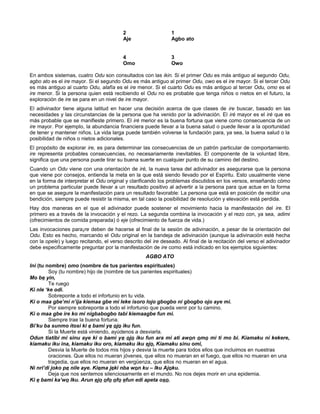 2 1
Aje Agbo ato
4 3
Omo Owo
En ambos sistemas, cuatro Odu son consultados con las ikin. Si el primer Odu es más antiguo al segundo Odu,
agbo ato es el ire mayor. Si el segundo Odu es más antiguo al primer Odu, owo es el ire mayor. Si el tercer Odu
es más antiguo al cuarto Odu, alafía es el ire menor. Si el cuarto Odu es más antiguo al tercer Odu, omo es el
ire menor. Si la persona quien está recibiendo el Odu no es probable que tenga niños o nietos en el futuro, la
exploración de ire se para en un nivel de ire mayor.
El adivinador tiene alguna latitud en hacer una decisión acerca de que clases de ire buscar, basado en las
necesidades y las circunstancias de la persona que ha venido por la adivinación. El iré mayor es el iré que es
más probable que se manifieste primero. El iré merior es la buena fortuna que viene como consecuencia de un
ire mayor. Por ejemplo, la abundancia financiera puede llevar a la buena salud o puede llevar a la oportunidad
de tener y mantener niños. La vida larga puede también volverse la fundación para, ya sea, la buena salud o la
posibilidad de niños o nietos adicionales.
El propósito de explorar ire, es para determinar las consecuencias de un patrón particular de comportamiento.
ire representa probables consecuencias, no necesariamente inevitables. El componente de la voluntad libre,
significa que una persona puede tirar su buena suerte en cualquier punto de su camino del destino.
Cuando un Odu viene con una orientación de iré, la nueva tarea del adivinador es asegurarse que la persona
que viene por consejos, entienda la meta en la que está siendo llevado por el Espiritu. Esto usualmente viene
en la forma de interpretar el Odu original y clarificando los problemas discutidos en los versos, enseñando cómo
un problema particular puede llevar a un resultado positivo al advertir a la persona para que actue en la forma
en que se asegure la manifestación para un resultado favorable: La persona que está en posición de recibir una
bendición, siempre puede resistir la misma, en tal caso la posibilidad de resolución y elevación está perdida.
Hay dos maneras en el que el adivinador puede sostener el movimiento hacia la manifestación del ire. EI
primero es a través de la invocación y el rezo. La segunda combina la invocación y el rezo con, ya sea, adimi
(ofrecimientos de comida preparada) ó eje (ofrecimiento de fuerza de vida.)
Las invocaciones para¡re deben de hacerse al final de la sesión de adivinación, a pesar de la orientación del
Odu. Esto es hecho, marcando el Odu original en la bandeja de adivinación (aunque la adivinación esté hecha
con la opele) y luego recitando, el verso descrito del ire deseado. Al final de la recitación del verso el adivinador
debe especificamente preguntar por la manifestación de ire como está indicado en los ejemplos siguientes:
AGBO ATO
Ini (tu nombre) omo (nombre de tus parientes espirituales)
Soy (tu nombre) hijo de (nombre de tus parientes espirituales)
Mo be yin,
Te ruego
Ki nle ‘ke odi.
Sobreponte a todo el infortunio en tu vida.
Ki o maa gbe’mi n’ija kiemaa gbe mi leke isoro lojo gbogbo ni gbogbo ojo aye mi.
Por siempre sobreponte a todo el infortunio que pueda venir por tu camino.
Ki o maa gbe ire ko mi nigbabogbo tabi kiemaagbe fun mi.
Siempre trae la buena fortuna.
Bi’ku ba sunmo itosi ki e bami ye ojo iku fun.
Si la Muerte está viniendo, ayúdenos a desviarla.
Odun tiatibi mi sinu aye ki o bami ye ojo iku fun ara mi ati awon omo mi ti mo bi. Kiamaku ni kekere,
kiamaku iku ina, kiamaku iku oro, kiamaku iku ejo, Kiamaku sinu omi,
Desvia la Muerte de todos mis hijos y desvia la muerte para todos ellos que incluimos en nuestras
oraciones. Que ellos no mueran jóvenes, que ellos no mueran en el fuego, que ellos no mueran en una
tragedia, que ellos no mueran en vergüenza, que ellos no mueran en el agua.
Ni nri’di joko pe nile aye. Kiema jeki nba won ku – Iku Ajoku.
Deja que nos sentemos silenciosamente en el mundo. No nos dejes morir en una epidemia.
Ki e bami ka’wo Iku. Arun ejo ofo ofo efun edi apeta oso.
 