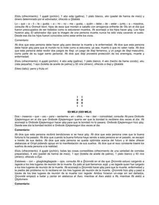 Etútu (ofrecimiento): 1 eyelé (pichón), 1 abo adie (gallina), 1 plato blanco, eko (pastel de harina de maíz) y
dinero determinado por el adivinador, ofrecido a Obàtálá.
Lo – que – a – ti – te – gusta, – a – mi – no – me – gusta, – quién – debe – de – estar – junto – a – nosotros,
consulta Ifá a Onimuti Iwori, hijos de esos que montan a caballo con arrogancia enfrente de Olu en el día que
fueron preocupados de ser tratados como si estuvieran muertos, Ifá aconsejó a los hijos hacer ebo. Los hijos
hicieron ebo. El adivinador dijo que la imagen de una persona muerta nunca ha sido vista cavando el suelo.
Desde ese día los hijos fueron conocidos como estar entre los vivos.
Comentario:
Ifá dice que esta persona debe hacer ebo para desviar la muerte y la enfermedad, Ifá dice que esta persona
debe hacer ebo para que el mundo no lo trate como si estuviera, ya sea, muerto ó que no valen nada. Ifá dice
que esta persona debe recibir dos juegos de Ibeji, un juego de Ibeji femenino, y un juego de Ibeji masculino,
como parte de su lugar santo personal, Ifá dice que Ibeji proveerá protección de los enemigos, muerte y
enfermedad.
Etutu (ofrecimiento): 4 eyelé (pichón). 4 abo adie (gallina), 1 plato blanco, 4 eko (hecho de ñame cocido), eku
(rata pequeña), 1 epo (botella de aceite de palma) y 50 nira (dinero), ofrecido a Ibeji y Obàtálá.
Eéwo (tabú): perro y fruta ori.
I I
II II
II II
I I
IDI MEJI (ODl MEJI)
Dos – traseros – que – uso – para – sentarme – en – ellos, – me – dan – comodidad, consulta Ifá para Onibode
Ejiejiemogun en el día que Onibode Ejiejiemogun quería ver que la bondad lo recibiera dos veces al día. Ifá
aconsejó a Onibode Ejiejiemogun hacer ebo para que la bondad no lo pasara. Onibode Ejiejiemogun hizo ebo.
Desde ese día la bondad recibió a Onibode Ejiejiemogun dos veces al dia.
Comentario:
Ifá dice que esta persona recibirá bendiciones si se hace ebo. Ifá dice que esta persona cree que la buena
fortuna lo ha pasado. Ifá dice que cuando la buena fortuna haya venido a esta persona en el pasado, se escapó
a través de sus dedos. Ifá dice que esta persona se queda optimista acerca del futuro y él debe ofrecer
alabanzas al Orísá pidiendo apoyo en la manifestación de sus sueños. Ifá dice que el rezo constante traerá los
sueños de esta persona a la realidad.
Etutu (ofrecimiento): 4 eyelé (pichón), todas las cosas comestibles (ofrecimiento de una variedad de comidas
preparadas), 4 eko (pastel de harina de maíz), 1 epo (botella de aceite de palma), 1 plato blanco y 40 nira
(dinero), ofrecido a Èsú.
Eatelewa – con – gbagbdegbagada – ojos, consulta Ifá a Órúnmilá en el dia que Òrúnmilá estuvo cargando a
Iagede a los tres lugares de reunión de la muerte. Es pato al qué llamamos sojiji, y es lagade quien fue cargado
a los tres tugares de reunión de la muerte. Ifá aconsejó a Òrúnmilá hacer ebo para que la muerte, enfermedad y
la piedra del problema no lo recibiera en los tres lugares de reunión de la muerte. Òrúnmilá hizo ebo y pasó a
través de los tres lugares de reunión de la muerte con Iagede. Ambos hicieron un-viaje sin ser dañados,
Órúnmilá empezó a bailar y cantar en alabanza al Awo, mientras el Awo alabó a Ifá, mientras Ifá alabó a
Olodumare:
Comentario:
 