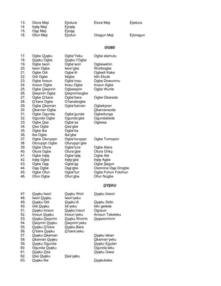13. Otura Meji Ejiotura Etura Meji Ejietura
14 Irete Meji Ejirete
15. Ose Meji Ejiose
16. Ofun Meji Ejiofun Oragun Meji Ejioragun
OGBE
17. Ogbe Oyeku Ogbe’Yeku Ogbe alamulu
18. Oyeku Ogbe Oyeku l’Ogbe
19. Ogbe Iwori Ogbe’wori Ogbewehin
20. Iwori Ogbe Iwori’gbe Woribogbe
21. Ogbe Odi Ogbe’di Ogbedi Kaka
22. Odi Ogbe Idigbe Idin Ekute
23. Ogbe Irosun Ogbe’rosu Ogbe Dowunmu
24. Irosun Ogbe Irosu Ogbe Irosun Agbe
25. Ogbe Owonrin Ogbeworin Ogbe Wunle
26. Owonrin Ogbe Owonrinsogbe
27. Ogbe O’bara Ogbe’bara Ogbe Gbarada
28. O’bara Ogbe O’barabogbe
29. Ogbe Okanran Ogbe’kanran Ogbekoran
30 Okanran Ogbe Okanransode
31. Ogbe Ogunda Ogbe’gunda Ogbedunga
32. Ogunda Ogbe Ogunda’gbe Ogundabede
33. Ogbe Osa Ogbe’sa Ogbesa
34. Osa Ogbe Osa’gbe
35. Ogbe Ika Ogbe’ka
36. Ika Ogbe Ika’gbe
37. Ogbe Oturupon Ogbe’turupon Ogbe Tumopon
38 Oturupon Ogbe Oturupon’gbe
39. Ogbe Otura Ogbe’tura Ogbe Alara
40. Otura Ogbe Otura’gbe Otura Oriko
41. Ogbe Irete Ogbe’rete Ogbe Ate
42. Irete Ogbe Irete’gbe Irete Agbe
43. Ogbe Ose Ogbe’se Ogbe Segun
44. Ose Ogbe Ose’gbe Osomina Ose Orogbe
45. Ogbe Ofun Ogbe’fun Ogbe Fohun Folohun
46. Ofun Ogbe Ofun’gbe Ofun Nogbe
OYEKU
47. Oyeku Iwori Oyeku Wori Oyeku biwori
48. Iwori Oyeku Iwori‘yeku
49. Oyeku Odi Oyeku’di Oyeku Sidin
50. Odi Oyeku Idi’yeku Idin gelede
51. Oyeku Irosun Oyeku’rosun Ogosun
52. Irosun Oyeku Irosun’yeku Arosun Takeleku
53. Oyeku Owonrin Oyeku Wonrin Oyewonrinmi
54. Owonrin Oyeku Owonrin’yeku
55. Oyeku O’bara Oyeku Bara
56. O’bara Oyeku O’bara’yeku
57. Oyeku Okanran Oyeku lekan
58. Okanran Oyeku Okanran’yeku
59. Oyeku Ogunda Oyeku Egutan
60 Ogunda Oyeku Ogunda’aiku
61. Oyeku Osa Oyeku Gasa
62. Osa Oyeku Osa’yeku
63. Oyeku Ika Oyekubeka
 