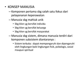 • KONSEP MANUSIA 
– Komponen pertama sbg salah satu fokus dari 
pelayananan keperawatan 
– Manusia sbg mahluk unik 
• Sbg klien yg bersifat individu 
• Sbg klien yg bersifat keluarga 
• Sbg klien yg bersifat masyarakat 
– Manusia sbg sistem, dimana manusia terdiri dari 
komponen subsistem diantaranya : 
• Sistem terbuka : dapat mempengaruhi dan dipengaruhi 
oleh lingkungan baik lingkungan fisik, psikologis, sosial 
maupun spiritual 
 