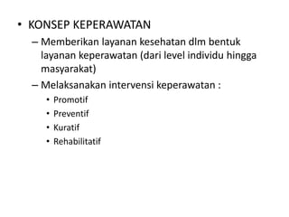 • KONSEP KEPERAWATAN 
– Memberikan layanan kesehatan dlm bentuk 
layanan keperawatan (dari level individu hingga 
masyarakat) 
– Melaksanakan intervensi keperawatan : 
• Promotif 
• Preventif 
• Kuratif 
• Rehabilitatif 
 