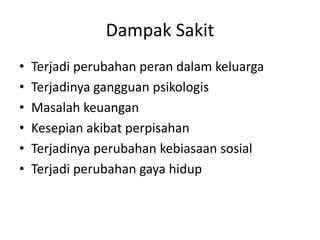 Dampak Sakit 
• Terjadi perubahan peran dalam keluarga 
• Terjadinya gangguan psikologis 
• Masalah keuangan 
• Kesepian akibat perpisahan 
• Terjadinya perubahan kebiasaan sosial 
• Terjadi perubahan gaya hidup 
 