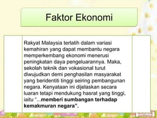 Faktor Ekonomi

Rakyat Malaysia terlatih dalam variasi
kemahiran yang dapat membantu negara
memperkembang ekonomi menerusi
peningkatan daya pengeluarannya. Maka,
sekolah teknik dan vokasional turut
diwujudkan demi penghasilan masyarakat
yang beridentiti tinggi seiring pembangunan
negara. Kenyataan ini dijelaskan secara
luaran tetapi mendukung hasrat yang tinggi,
iaitu “...memberi sumbangan terhadap
kemakmuran negara”.
 
