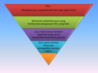 FPG :-
Melahikan guru yang bekualiti dari segi aspek sosial
Berhasrat melahirkan guru yang
mempunyai penguasaan ilmu yang baik.
Guru tidak hanya memberi
akademik tetapi perlu
menyelitkan kemahiran generik.
Guru perlu mampu
hidup dan
menegakkan warisan
negara.
 