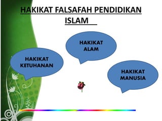 HAKIKAT FALSAFAH PENDIDIKAN
ISLAM
HAKIKAT
KETUHANAN
HAKIKAT
ALAM
HAKIKAT
MANUSIA
 