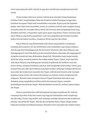 emosi yang matang dan stabil, individu itu juga akan memiliki dan memupuk perasaan kasih
sayang.
Elemen kelapan ialah unsur jasmani, individu akan menyedari tentang kepentingan
kesihatan fizikal, mengembangkan bakat dan kemahiran teknikal disamping menggunakan
kemahiran kecergasan fizikal untuk memanfaatkan masyarakat. Kepercayaan dan kepatuhan
kepada tuhan ialah elemen kesembilan, elemen ini membantu individu untuk mengakui tentang
kewujudan tuhan dan menyedari bahawa hokum dan fenomena alam merupakanperaturan yang
ditetapkan oleh tuhan, mengamalkan segala ajaran agama yang dianuti. Elemen seterusnya ialah
rakyat Malaysia yang berilmu pengetahuan, cintai ilmu pengetahuan dan berusaha memupuk
budaya ilmu dan budaya membaca, mempunyai fikiran yang luas dan terbuka.
Rakyat Malaysia yang berketrampilan ialah elemen yang kesebelas ia mempunyai
kecekapan dan kompetensi diri dan berkebolehan untuk menjalankan tugas dengan sempurna,
individu juga akan berpandangan jauh dan berinisiatif. Seterusnya ialah rakyat Malaysia yang
bertanggungjawab iaitu boleh dipercayai dan menyedari bahawa setiap tugas dan tanggungjawab
merupakan amanah dan harus dilaksanakan dengan baik. Menjalankan tugas dengan amanah,
bersih,dan cekap, mematuhi peraturan dan undang-undang Negara. Elemen yang ketiga belas
ialah rakyat Malaysia yang berkeupayaan mencapai kesejahteraan diri berfikiran waras dan
berjiwa tenang, mempunyai ketahanan yang kuat untuk menghadapi cabaran hidup. Elemen yang
keempat belas pula ialah rakyat Malaysia yang dapat memberi sumbangan terhadap keharmonian
masyarakat dan kemakmuran masyarakat dan Negara, individu akan berusaha untuk memupuk
perpaduan rakyat melalui sifat toleransi,bertimbang rasa, kekitaan, hormat menghormati dan
sebagainya. Berusaha untuk memajukan ekonomi Negara berdasarkan dasar-dasar yang
ditetapkan.sering mengekalkan kestabilan politik dan keamanan Negara, mematuhi
paerlembagaan dan peraturan Negara. Meampertahankan maruah diri, profesion agama, bangsa
dan Negara.
Elemen yang keliam belas ialah berkeupayaan mencapai kesejahteraan diri. Individu
mempunyai daya tahan fizikal dan mental yang tinggi dan berkebolehan untuk mengharungi
liku-liku hidup. Elemen yang terakhir ialah sumbangan terhadap keharmonian dan kemakmuran
keluarga, masyarakat,dan Negara. Individu akan menjadikan Rukun Negara sebagai amalan
hidup dan memupuk persefahaman keluarga. Mematuhi norma masyarakat dan cintakan Negara.

13

 