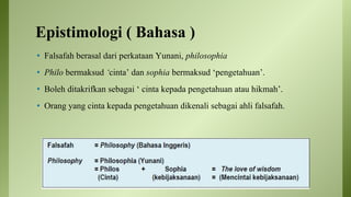 Epistimologi ( Bahasa )
• Falsafah berasal dari perkataan Yunani, philosophia
• Philo bermaksud ‘cinta’ dan sophia bermaksud ‘pengetahuan’.
• Boleh ditakrifkan sebagai ‘ cinta kepada pengetahuan atau hikmah’.
• Orang yang cinta kepada pengetahuan dikenali sebagai ahli falsafah.
 