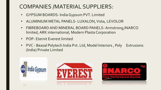 COMPANIES /MATERIAL SUPPLIERS:
• GYPSUM BOARDS- India Gypsum PVT. Limited
• ALUMINIUM METAL PANELS- LUXALON,Vista, LEVOLOR
• FIBREBOARD AND MINERAL BOARD PANELS- Armstrong,INARCO
limited, ARK international, Modern Plasta Corporation
• POP- Eternit Everest limited
• PVC - Beasal Polytech India Pvt. Ltd, Model Interiors , Poly Extrusions
(India) Private Limited
 