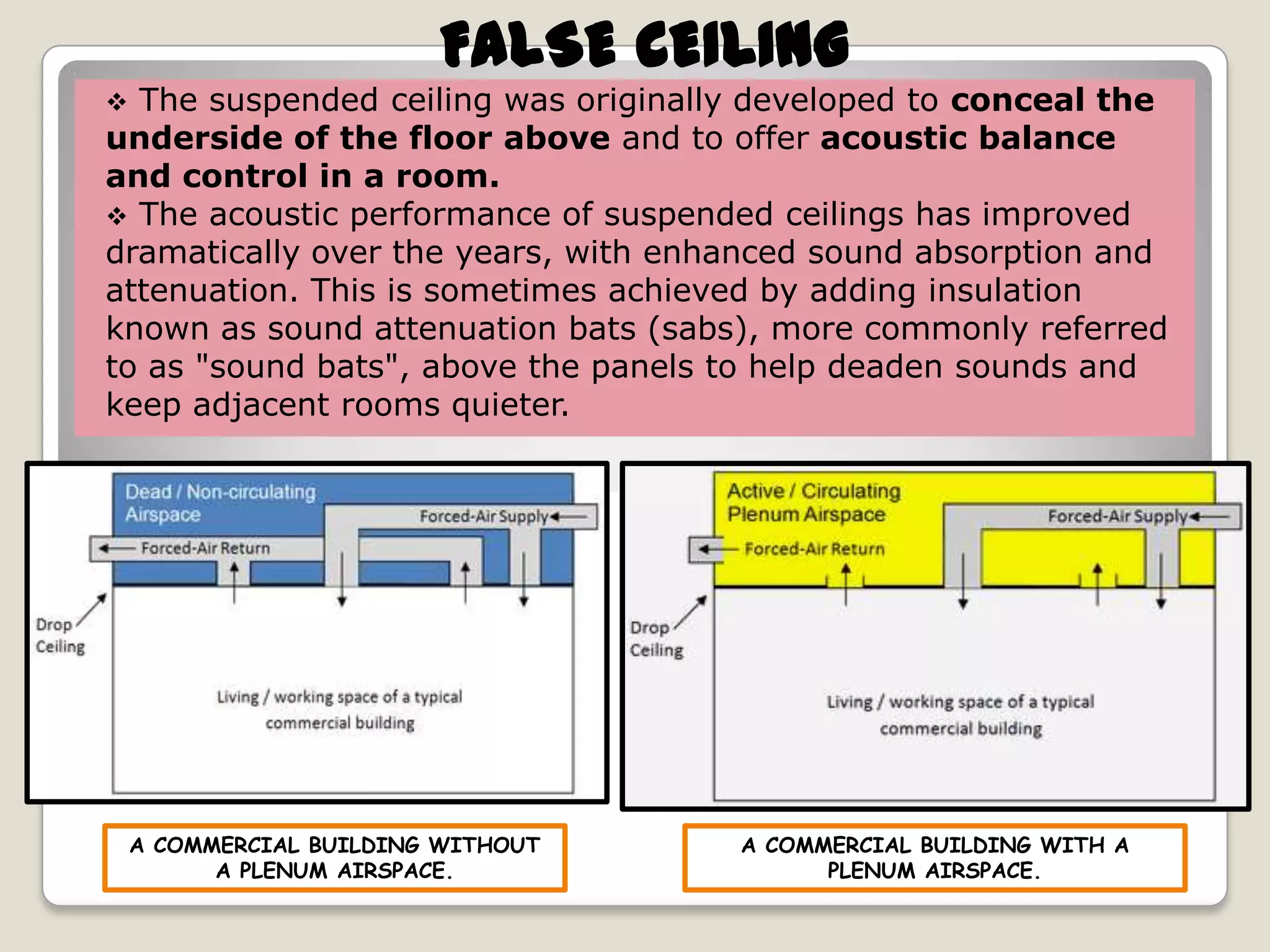 FALSE CEILING
The suspended ceiling was originally developed to conceal the
underside of the floor above and to offer acoustic balance
and control in a room.
 The acoustic performance of suspended ceilings has improved
dramatically over the years, with enhanced sound absorption and
attenuation. This is sometimes achieved by adding insulation
known as sound attenuation bats (sabs), more commonly referred
to as "sound bats", above the panels to help deaden sounds and
keep adjacent rooms quieter.


A COMMERCIAL BUILDING WITHOUT
A PLENUM AIRSPACE.

A COMMERCIAL BUILDING WITH A
PLENUM AIRSPACE.

 