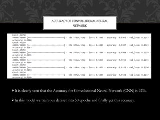 ACCURACYOF CONVOLUTIONALNEURAL
NETWORK
It is clearly seen that the Accuracy for Convolutional Neural Network (CNN) is 92%.
In this model we train our dataset into 50 epoche and finally get this accuracy.
 