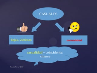 CASUALTY

bajas, víctimas

casualidad = coincidence,
chance

casualidad

 