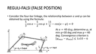 REGULI-FALSI (FALSE POSITION)
• Consider the four-bar linkage, the relationship between 𝛼 and 𝜑 can be
obtained by using the formula:
5
3
cos 𝛼 −
5
2
cos 𝜑 +
11
6
− cos(𝛼 − 𝜑) = 0
At 𝛼 = 40 𝑑𝑒𝑔, determine 𝜑, at
min 𝜑=30 deg and max 𝜑 = 40
deg. Convergence criterion is
𝜑𝑚𝑎𝑥 − 𝜑𝑚𝑖𝑛 ≤ 1𝑥10 − 6
 