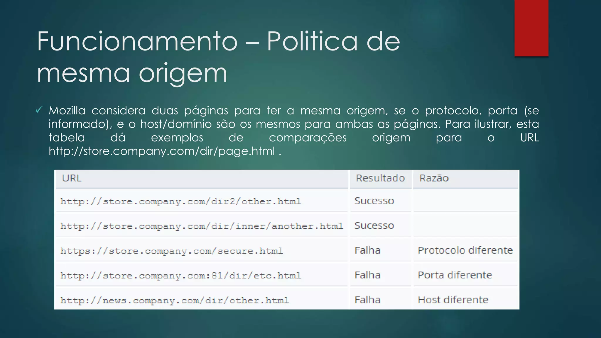 Funcionamento – Politica de 
mesma origem 
 Mozilla considera duas páginas para ter a mesma origem, se o protocolo, porta (se 
informado), e o host/domínio são os mesmos para ambas as páginas. Para ilustrar, esta 
tabela dá exemplos de comparações origem para o URL 
http://store.company.com/dir/page.html . 
 
