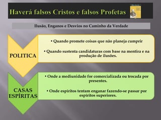 Ilusão, Enganos e Desvios no Caminho da Verdade


                • Quando promete coisas que não planeja cumprir

            • Quando sustenta candidaturas com base na mentira e na
POLITICA                      produção de ilusões.




             • Onde a mediunidade for comercializada ou trocada por
                                   presentes.

  CASAS      • Onde espíritos tentam enganar fazendo-se passar por
ESPÍRITAS                      espíritos superiores.
 